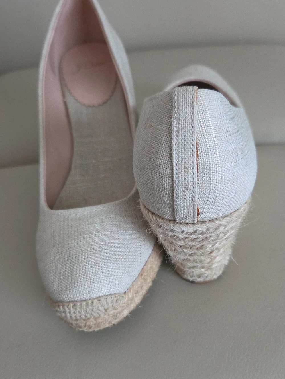 J. Crew Neutral Linen Espadrille Wedges with Pink Lining Size 9.5